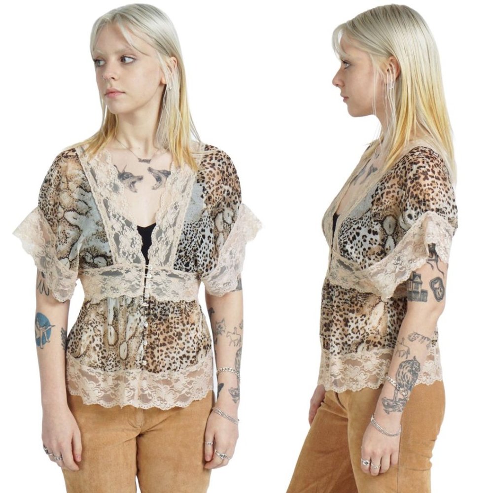 Y2K Leopard Cheetah Lace Sheer Mesh Button Down Top